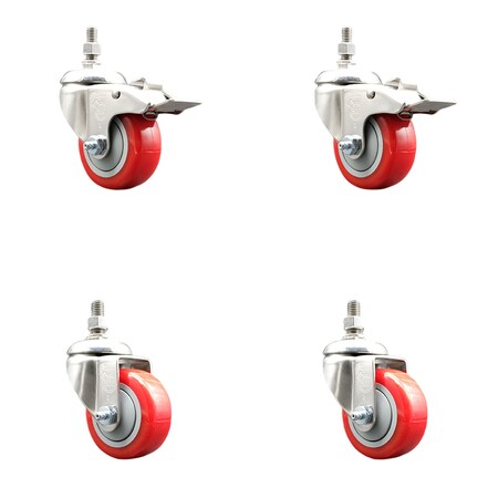 Service Caster 3.5 Inch 316SS Red Polyurethane 12mm Threaded Stem Caster Lock Brake, 2PK SS316TSTTL20S3514-PPUB-RED-M1215-2S2
